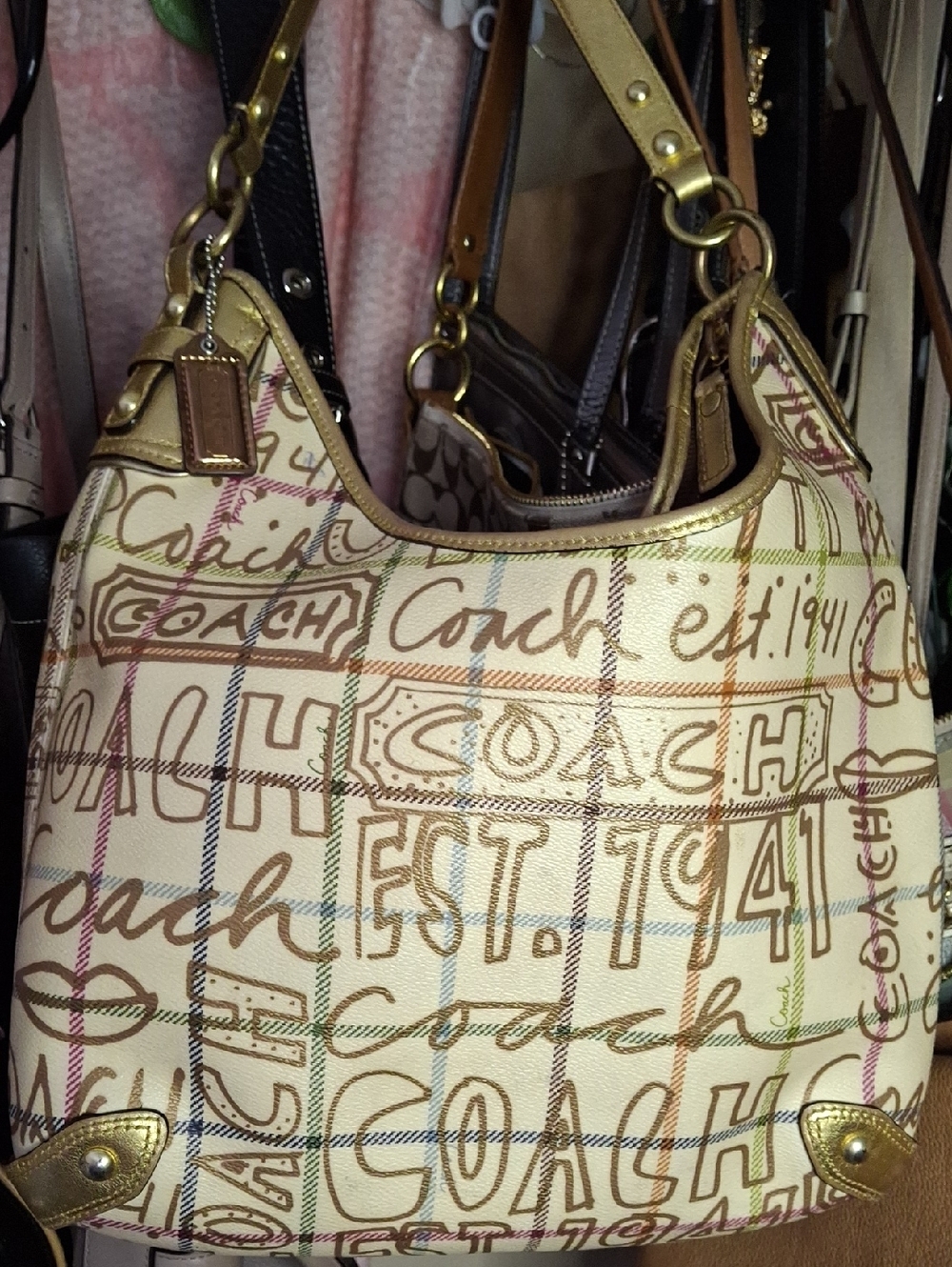 EUC COACH TATTERSAL GRAFFITI MULTI COLOR LARGE HOBO BAG  2009 w long strap